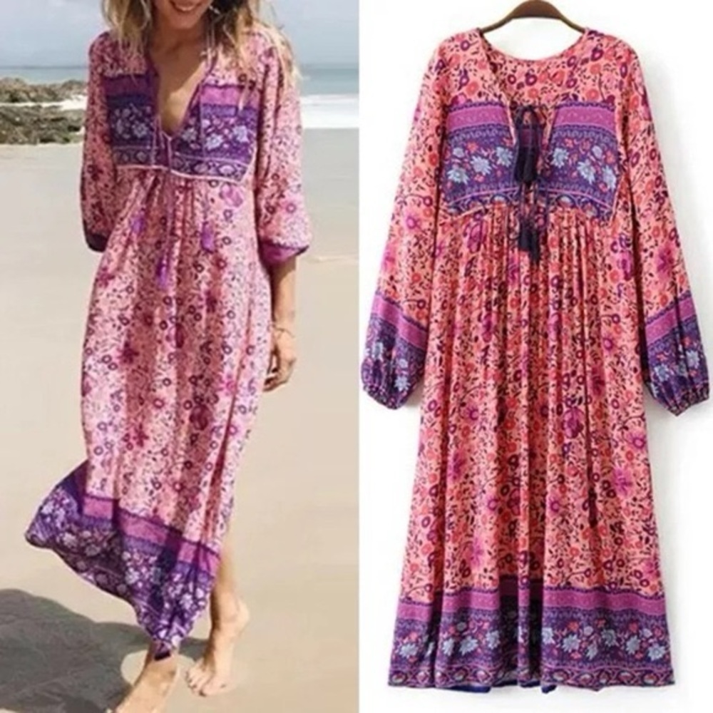 Boho pattern dress with tassels, size Small (4-6)